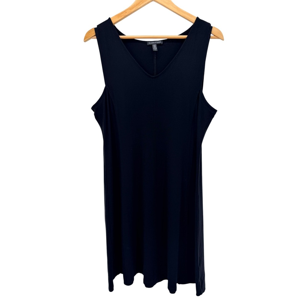 Eileen Fisher Black V-Neck Sleeveless Shift Dress Viscose‎ Jersey Medium USA